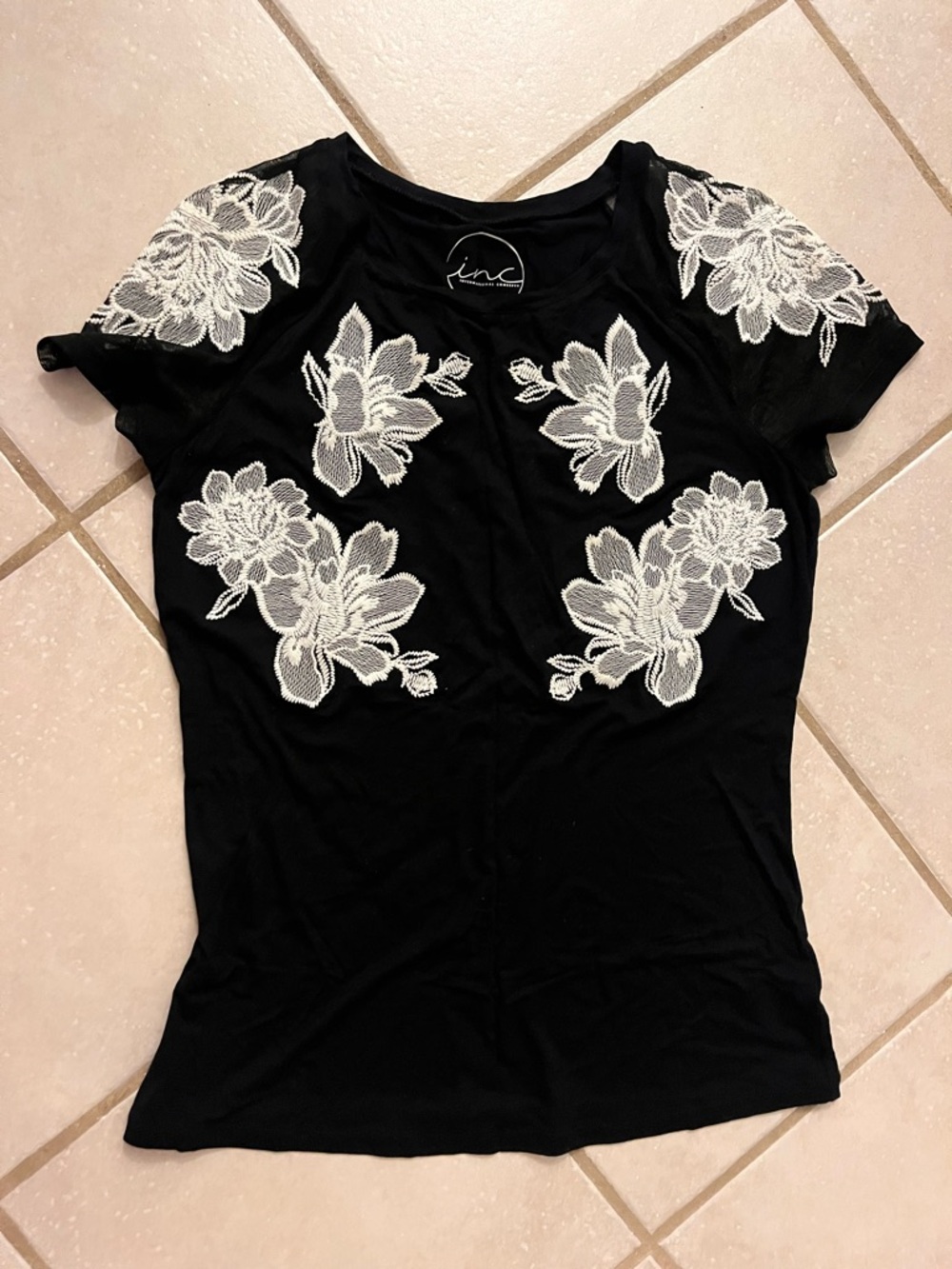 INC International Concepts Black Short-Sleeve Top with White Floral Appliqué